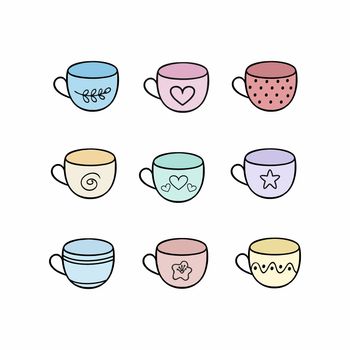 Set of multi-colored tea mugs. Collection of Doodle glasses for kitchen, cafe, restaurant. Vector cartoon Doodle illustration with dishes.