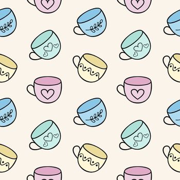 Endless seamless background with tea mugs. Template for the menu of a dining room, cafe or restaurant. Children's cartoon illustration of doodles with cups . Printing on fabric, clothing, and paper.