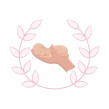 The child is in the mother's arms. Beautiful pink logo logo for medical perinatal center, hospital. Illustration of World Prematurity Day on November 17. World children's day