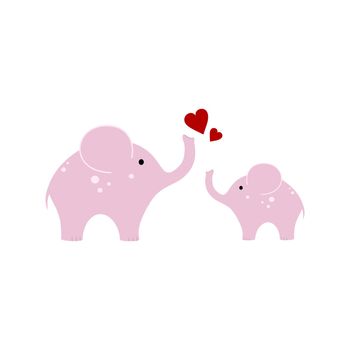 Drawing of a pink elephant for a girl isolated on a white background. Cute children's cartoon illustration. Mom and baby in the world of animals and wildlife. Image for a poster in the children's room