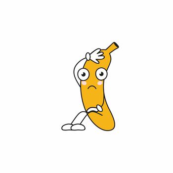 Tired banana sits on the floor and wipes the sweat from his forehead. Funny fruit emoticons. Fatigue, resentment, bewilderment.