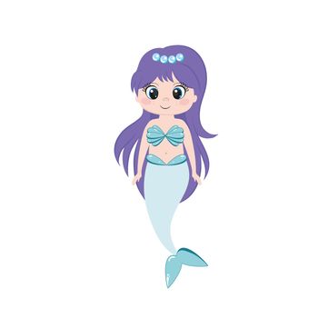 Beautiful mermaid with big eyes and purple long hair. Mermaid isolated on a white background. Vector children's cartoon illustration. Drawing for a girl. Dolls, toys, fairies and magic.