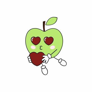 A loving Apple holds a heart in its hands. Funny fruit smiley with emotions. Children's cartoon illustration for the Internet, social networks, and apps.