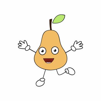 Cheerful pear with a smile, hands and big eyes runs. Fruits with different emotions. Happy pear