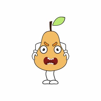 Angry pear on a white background. Fruit emoticons with different emotions. Pear with hands, eyes and face. A child's drawing for the label.