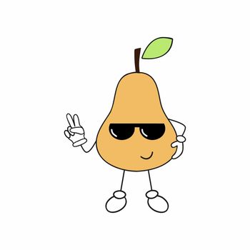 Pear in glasses shows the victory hand gesture. Vector cartoon illustration of a fruit smiley face. Funny pear with different emotions