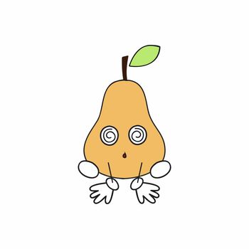 A tired pear is sitting on the floor. Funny fruits and vegetables with a face and emotions. Funny pear with eyes, hands and feet. Children's illustration for emoticons.