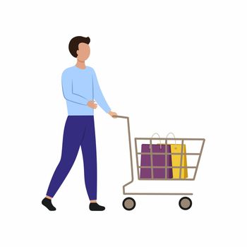 A young Man with a shopping cart goes to the store. A man in the market makes purchases. Vector flat character.