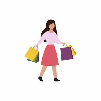 Flat girl in a simple style comes with packages from the store. Woman with shopping. Promotion, sale, best offer.