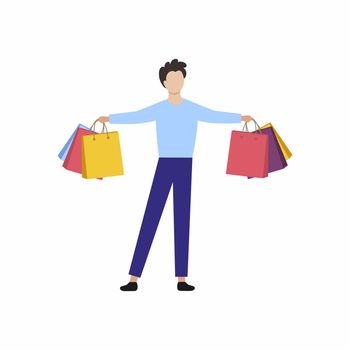 A man is holding shopping bags from a supermarket. The concept of discounts, promotions, and favorable offers