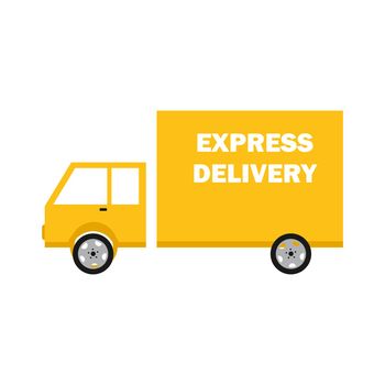 Yellow mail truck marked Express delivery. Vector flat illustration of a car. Delivery of mail, parcels and shipments.