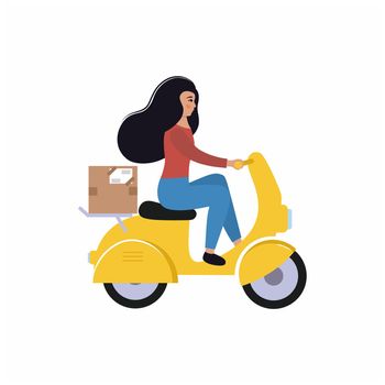 Express delivery of food orders, postal items around the city on a scooter. A delivery girl rides a moped with a parcel. Female vector flat character for delivery service.