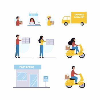 Set of illustrations on the subject of delivery of letters and orders. People send emails through their mailbox. Post office and Express delivery by courier. Vector flat man.