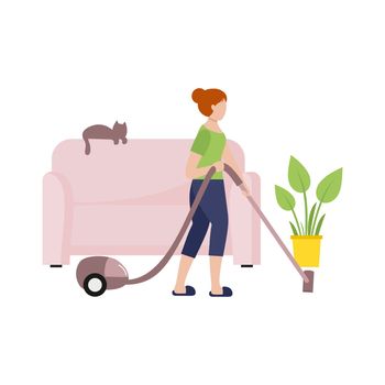 The girl cleans the room with a vacuum cleaner. Housewife does the cleaning in the room. Flat female character in flat style. Illustration on the theme of self-isolation during a pandemic Covid-19