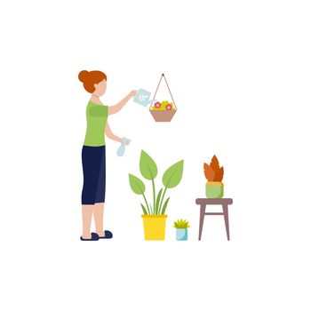 Girl in home clothes watering flowers. A housewife takes care of plants in a flower pot. Vector female character in flat style. The concept of self-isolation during the coronavirus pandemic.