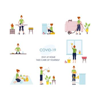 Set of illustrations stay at home. The girl cleans the apartment. A certain woman takes care of indoor plants. Self-isolation and quarantine due to the Covid-19 coronavirus. Cleaning, washing and washing dishes.