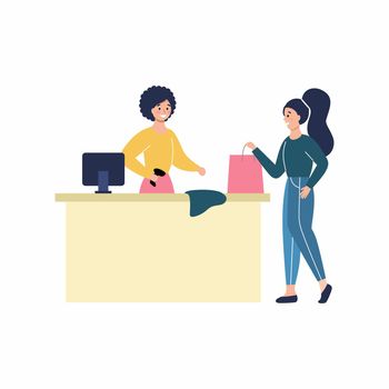 The girl pays for the purchase at the checkout. A woman buys clothes in a store. Vector flat character. Online shopping via the Internet.