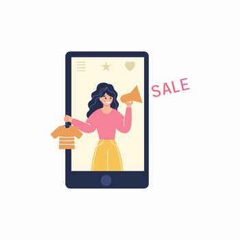 The girl holds a megaphone in her hands and invites you to discounts. Promotions, Discounts and Sales in the online store. Online purchases via smartphone. Vector flat character. Shopping remotely.