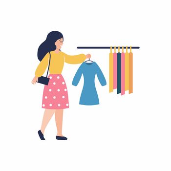 The girl is holding a dress on a hanger. Clothes rack. Clothing store for women. Vector flat character. Beauty and fashion.