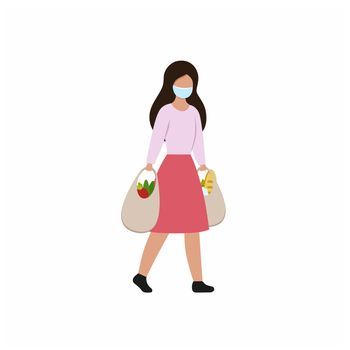 a girl in a medical mask comes out of the store with purchases. A woman carries bags of food and groceries. Discounts, promotions and sales.
