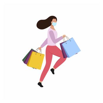 A girl in a medical mask with bags from the supermarket runs for shopping. The buyer with the product. Vector flat illustration of a female character.