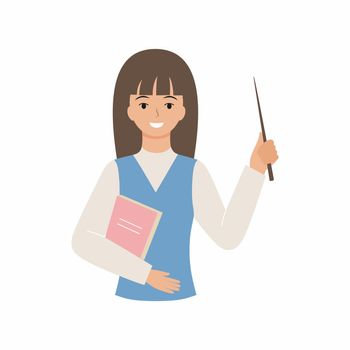 Friendly teacher with a pointer and a smile. Flat illustration of a teacher isolated on a white background. Vector character of a school employee.