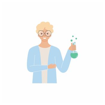 A male chemist holds a test tube with ingredients. The lab assistant sets up an experiment. Flat vector character. Teacher of chemistry and biology.