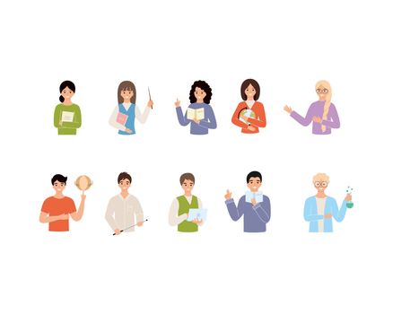 A large set of teachers in various subjects. Set of characters for teacher's day. Vector flat illustration on the theme of school and education.