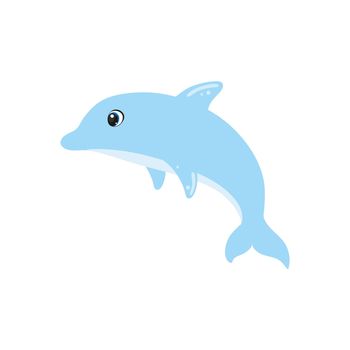 Cute Dolphin on a white background isolated. Bright children's cartoon illustration. Inhabitants of the seas and oceans. Maritime day. Drawing for children's books, coloring books, stickers, logo design, banner, business card.