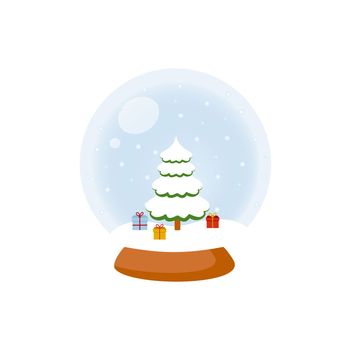 Magic glass ball with Christmas tree and gifts. Christmas tree decoration.