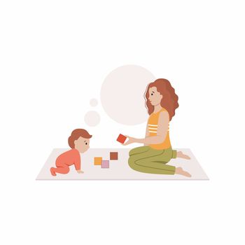 Mom sits on the floor and plays with the child in blocks. Vector illustration in flat style