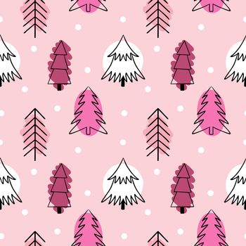 Pink seamless pattern with cute Christmas trees. Trees in the style of Doodle. Background for printing on fabric, Wallpaper, packaging paper.