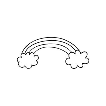 A rainbow and two clouds on a white background. Children's simple drawing of the Doodle sky. Vector illustration for children. Black-and-white outline image. Design of postcards, logos, posters, children's books, patterns for fabrics and clothing.