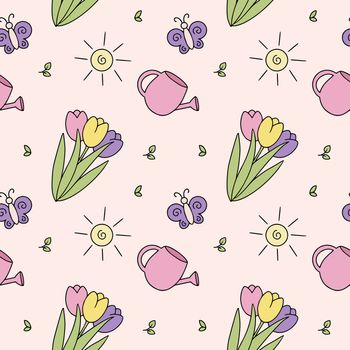 Seamless pattern with tulips and watering can. Spring background for sewing children's clothing, printing on fabric for girls and packaging paper.