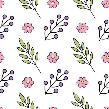 Endless spring pattern with twigs, flowers and leaves. Spring background for sewing clothes, printing on fabric and packaging paper.