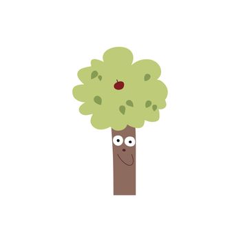 Funny tree with eyes. Isolated Apple tree on a white background. Cartoon vector illustration. Logo design on the theme of nature protection and forests. Children's fun drawing by hand.