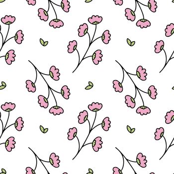 Cherry blossom sprig on a white background. Seamless pattern with flowers for printing on fabric and packaging paper. Background for sewing women's clothing.