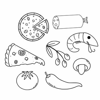 Set for cooking pizza. Pizza and its ingredients. Vector illustration for a doodle-style menu.