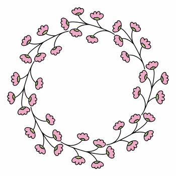 Round frame with branches of cherry blossoms for cards. Flower frame for photo design and text writing.