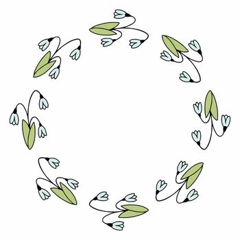 Round frame with snowdrops. Spring snowdrop in the style of doodle. Frame for the design of photos and postcards.