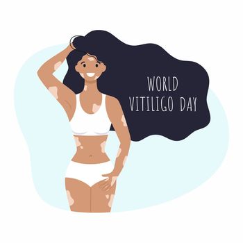 Beautiful girl in a swimsuit and with vitiligo. The inscription world vitiligo day on June 25. A woman has vitiligo. Vector illustration on the topic of rare diseases.