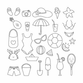 A large set with summer objects. Items for summer holidays and vacations by the sea. Vector illustration in the doodle style.