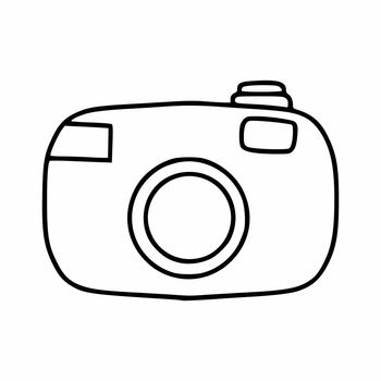 Icon camera in the style of Doodle. Cute camera with a black contour line. Hand-drawn drawing.