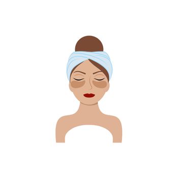 The face of a beautiful girl with a towel on her head and patches around her eyes. Vector cartoon illustration. The concept of body, face and eye care. Logo of  beauty salon, hair salon, Spa, manicure