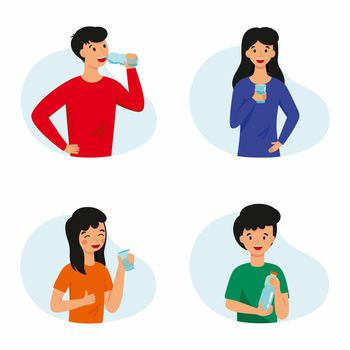 A set of illustrations with people who drink water. The family practices healthy habits.