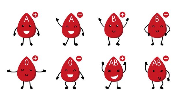 Human blood type and Rh factor. Cute blood drops in cartoon style