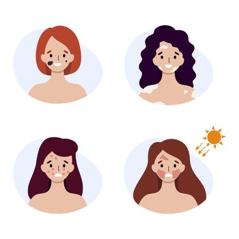 Women with various skin diseases. Sunburn and allergy symptoms on the face.