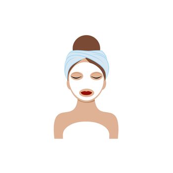 The face of a beautiful girl with a towel on her head and a white cosmetic mask on her face. Vector illustration of a cartoon. The concept of body, face and eye care. Logo of a beauty salon, Spa, manicure