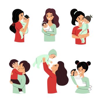 Beautiful mom and her baby. Vector character in the cartoon style.