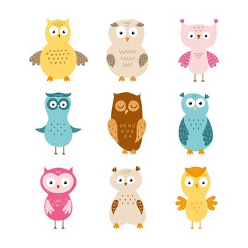 Set with funny owls for kids. Vector illustration in the style of a freehand drawing.